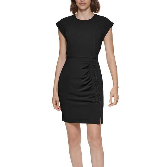 CALVIN KLEIN Ruched Button-Trim Black Sheath Dress 6 - Picture 1 of 6